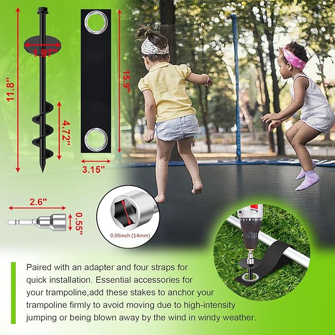 Eurmax USA 4 Pack Universal Ground Anchors High Wind, Heavy Duty Screw-in Trampoline Stakes with 4 Straps, Upgraded Commercial Anchor Kit for Outdoor Sheds, Swing Sets & Mobile Homes (Black)