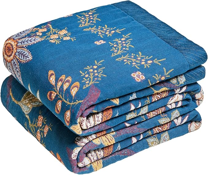 MSGKV Boho Throw Blanket 60"x80" 100% Cotton Twin Floral Throw for Couch | 100% Cotton Throw, Twin Floral Pattern, Reversible Woven, Summer Breathable, Lightweight, Home Decor, Machine Washable