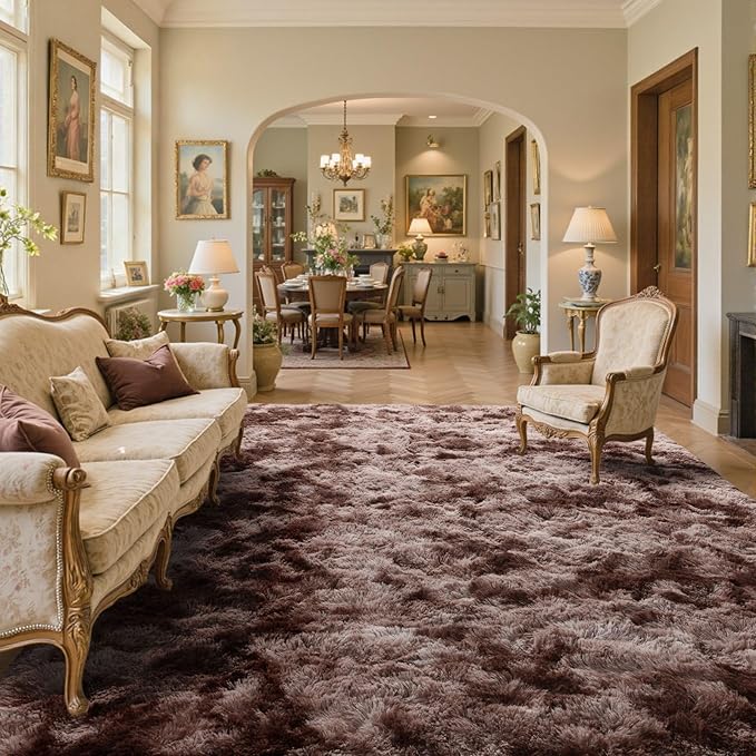 8x10 Area Rugs for Living Room Brown Fluffy Fur Bedroom Rug,Rustic Plush Non-Slip Dark Carpet for Book Room Office,Coffee Stain Resistant