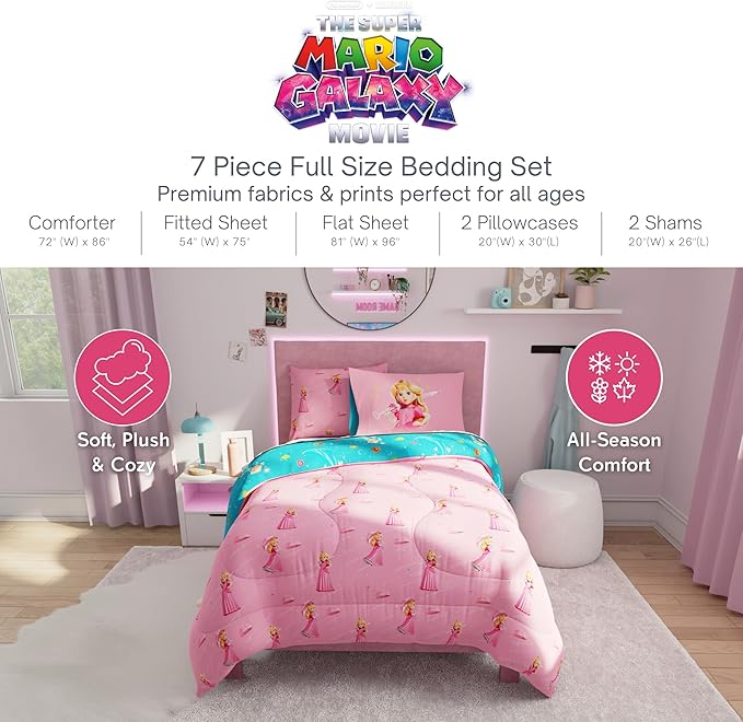 The Super Mario Galaxy Movie Bedding Set, Full Size 7 Piece Set Kids Super Soft Cozy Reversible Comforter and Sheet Set with Sham, Princess Peach (100% Officially Licensed Product) by Franco