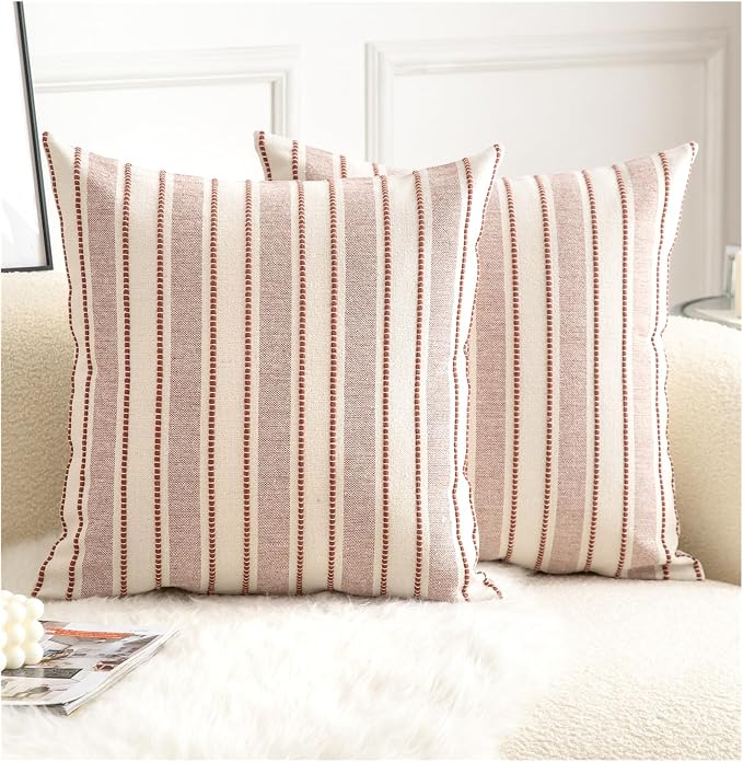 Cethom Decorative Boho Throw Pillow Covers, Farmhouse Textured Pillow Case, 18 x 18 Inch Set of 2, Chair Sofa Bedroom Living Room Home Decor Couch Cushion Case, Rust and Beige Striped