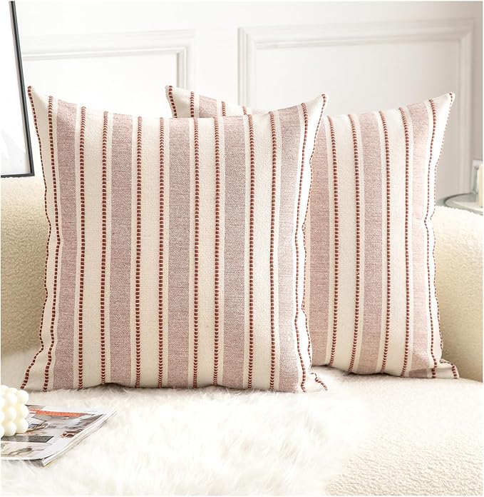 Cethom Decorative Boho Throw Pillow Covers, Farmhouse Textured Pillow Case, 20 x 20 Inch Set of 2, Chair Sofa Bedroom Living Room Home Decor Couch Cushion Case, Rust and Beige Striped