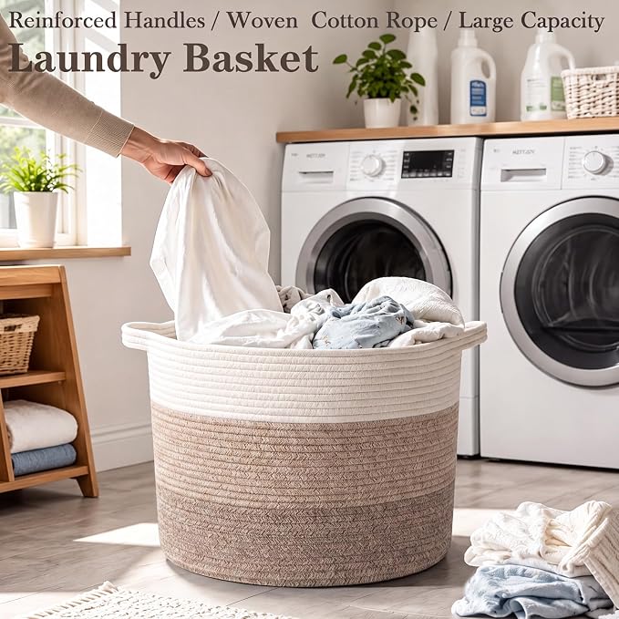 65L Large Blanket Basket,Woven Rope Laundry Basket-Mix Brown | Collapsible Nursery Storage Bin with Sturdy Handles, Organizes Clothes, Toys and Pillows for Living Room, Bedroom, Bathroom