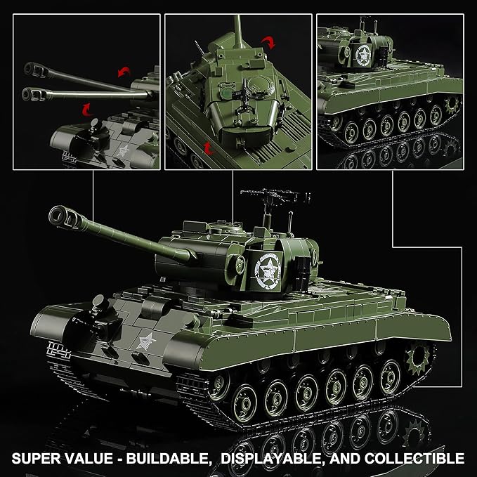 WW2 M26 Pershing Army Tank Building Sets for Adults(1703 Pieces), Compatible with Lego, Collectible US Military Tank Model kit to Build and Display, Ideal Gift for Military Fans