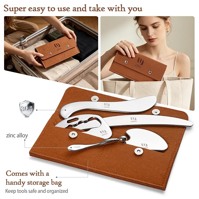 5 in 1 304 Stainless Steel Gua Sha Tools Set, Premium Facial & Full Body Scraping Massage Kit with Zinc Alloy Eye Massage Roller and Storage Pouch for Home Gym Daily Self Care