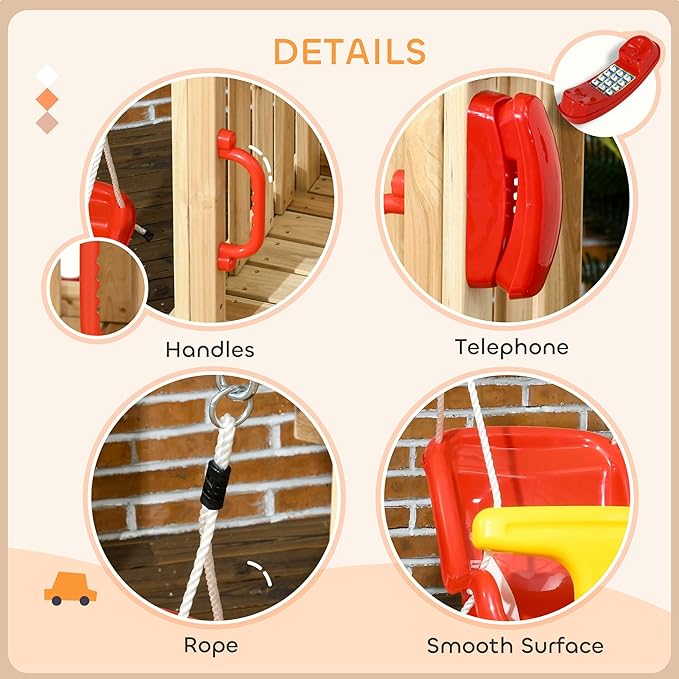 Outsunny Swing Set for Backyard, Wooden Toddler Outdoor Playset with Baby Swing Seat, Kids Slide, Fort, Playground Equipment with Captain's Wheel, Telescope for Ages 1.5-4, Red