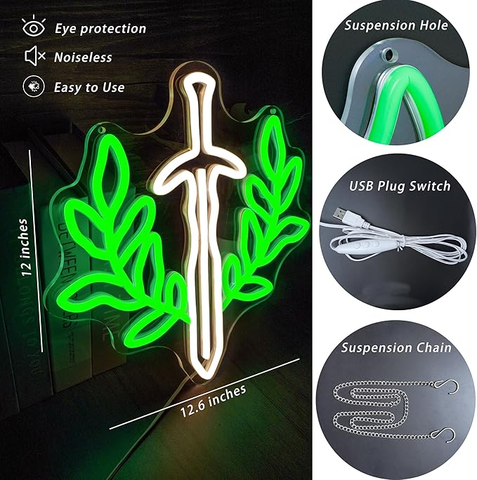 Fantasy Sword Neon Sign Book Neon Light Dimable Green Neon Light Wall Art for Gaming Rooms and Fantasy Book Lovers Students Educators Perfect for Classrooms Libraries Bookstores（12.6×12inch）