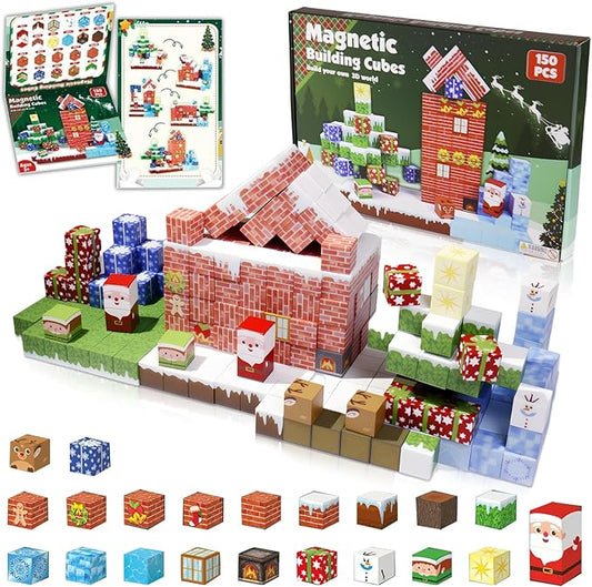 Magnetic Blocks - 150 PCS Magnets Block 3D Sensory Educational Interactive Building Toy Set for Toddlers Kindergarten Creative STEM Learning Gift, Magnet Tiles Construction Suit, Snow and Christmas