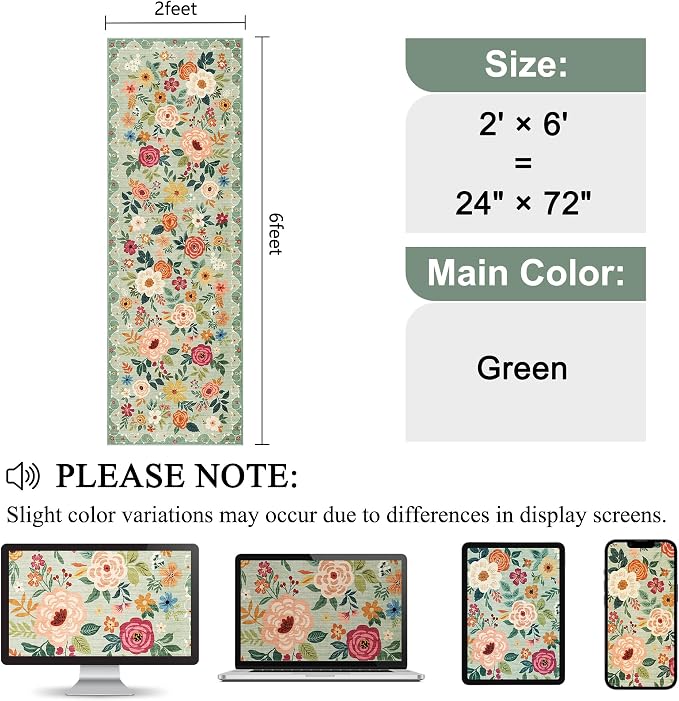 DUKINO 2x6 Runner Rug for Hallway, Washable Kitchen Rugs Non Slip, Green | Low Pile, Soft, Floral Indoor Rug for Entryway, Bedroom, Laundry, Bathroom, Pet Friendly, Lightweight, Modern Home Decor