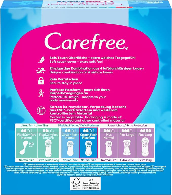 Carefree Cotton Feel Flexiform Panty Liners with Fresh Scent and 100% Breathable for Everyday Freshness and Soft Comfort 56 Count