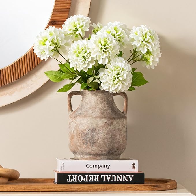 Mitt&Ditt Ceramic Flower Vase with Handles, 8 inch Tall Off-White Vase, Decorative Terracotta Vases, Farmhouse Rustic Pottery Vases for Home Decor, Living Room, Table
