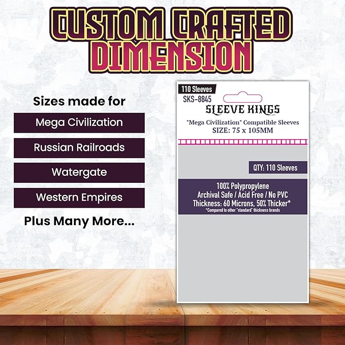 Sleeve Kings Standard Card Sleeves – 110 Count, Clear 60 Micron Thickness, Large Size (75 x 105 mm), Compatible with Mega Civilization & More – SKU: SKS-8845