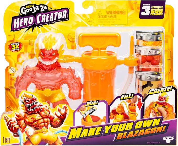 Heroes of Goo Jit Zu Hero Creator Blazagon with 3 Unique goo fillings, Mix, Fill & Create Your own Stretchy Action Figure, Play Again and Again