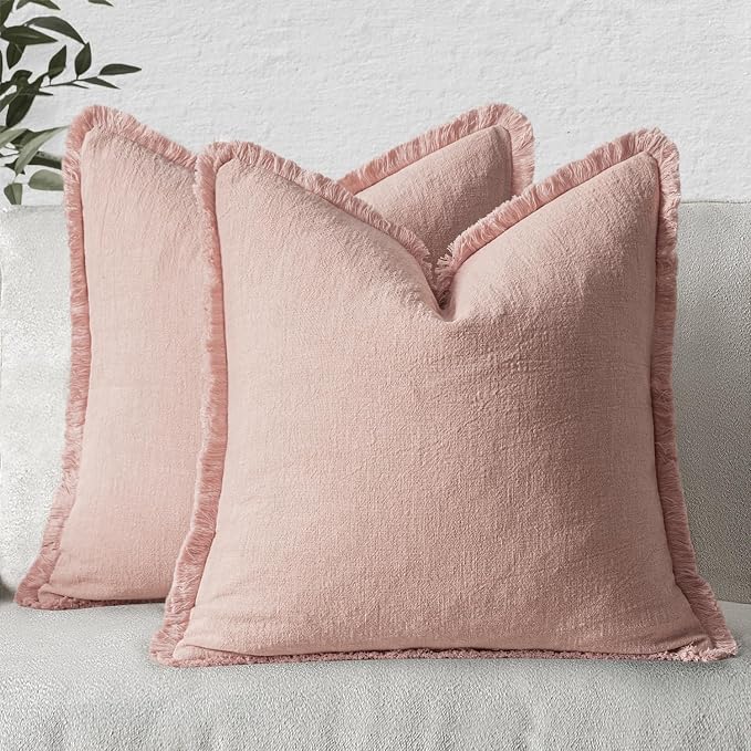 MIULEE Boho Linen Fringe Decorative Throw Pillow Covers Pink 20x20 | Set of 2, Cottagecore Decor, Boho Farmhouse Neutral Pillow Covers, Rustic Couch Cushion Cases for Sofa Bed Living Room