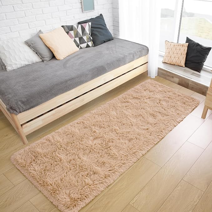 Tepook Soft Runner Rugs for Bedroom Living Room, Fluffy Plush Rug 2x6 for Kids Girls Room, Shag Furry Area Rug Non Slip Carpet for Nursery Children Dorm Home Decor, Beige