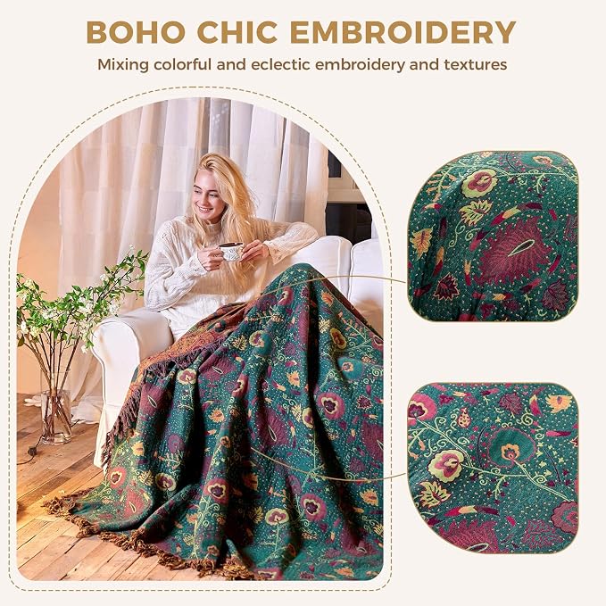 LUTBM Boho Throw Blanket for Bed 60"x80", 100% Cotton Cozy Couch Blankets | Forest Green Reversible Floral, All-Season Twin Quilt, For Chair Sofa Living Room Decor, Lightweight & Breathable, Women Gift