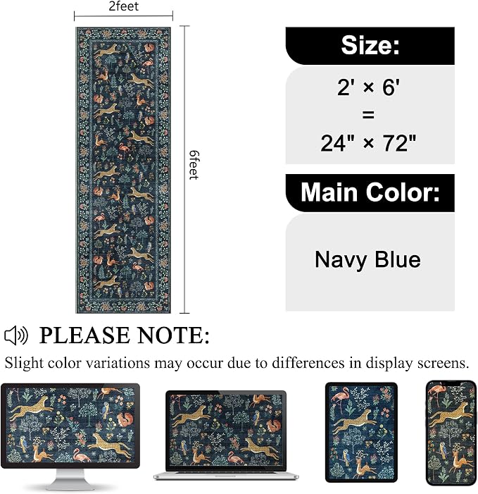 DUKINO 2x6 Runner Rug, Washable Animal Kitchen Rugs Non Slip, Navy Blue | Soft, Low Pile, Stain Resistant Indoor Carpet for Hallway, Entryway, Bedroom, Bathroom, Laundry,Pet Friendly, Lightweight