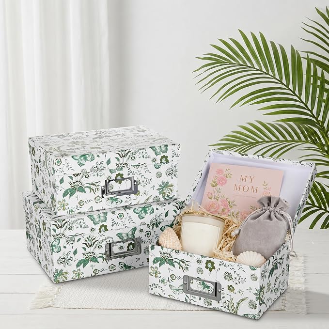 Briful Decorative Storage Boxes with Lids, 4 Pack Green Floral Cardboard Nesting Gifts Boxes with Metal Label Holders, Stackable Keepsake Photo Organizers for Home Closet Shelf Bedroom Office Decor