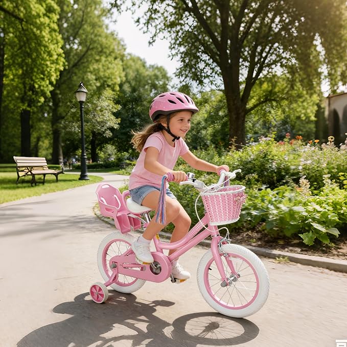KORIMEFA Girls Bike for Ages 2-8 Years Toddler Kids with Doll Seat, 12 14 16 Inch Bicycle with Training Wheels, Little Small Princess Bicycle with Basket& Streamers, Girls Pedal Bike