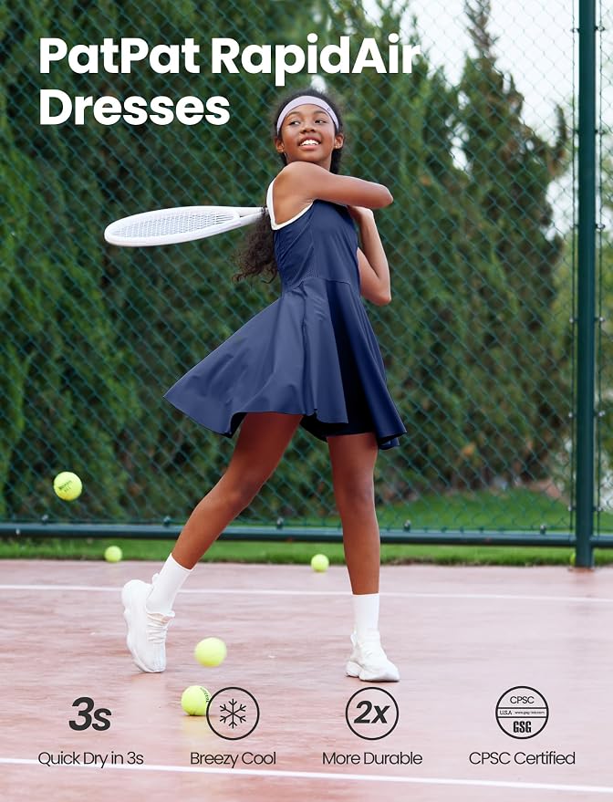 PATPAT Girls Athletic Dress Tennis Summer Outfit with Headband & Shorts | Quick-Dry RapidAir-C Fabric, Lightweight Breathable Golf Dress, Sweat-Wicking 2 Piece sets, Two Hidden Pockets