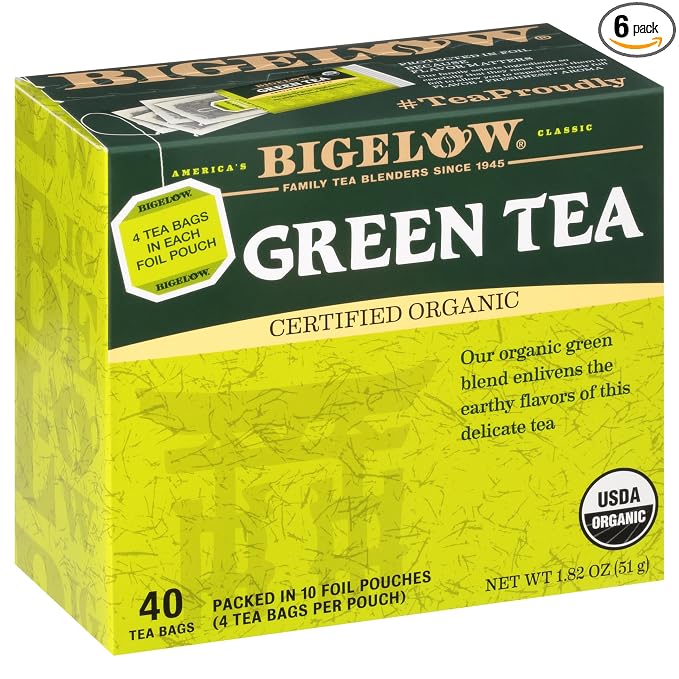 Bigelow Tea Organic Green Teabags Box, Caffeinated, 40 Count (Pack of 6)