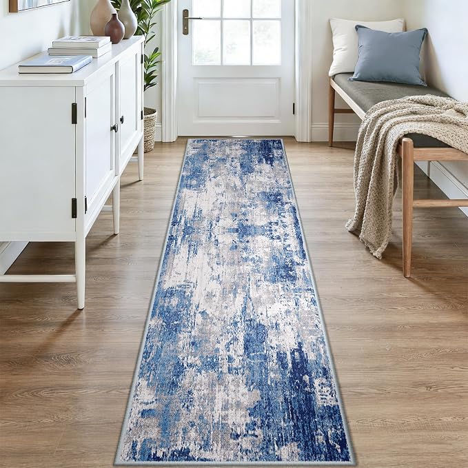 RELEANY Washable Runner 2'x9' Abstract Area Rug for Hallway Blue Gray | carpet for kitchen, entryway, bathroom, living room, bedroom, printed pattern, non-slip, soft, stain-resistant, easy to clean