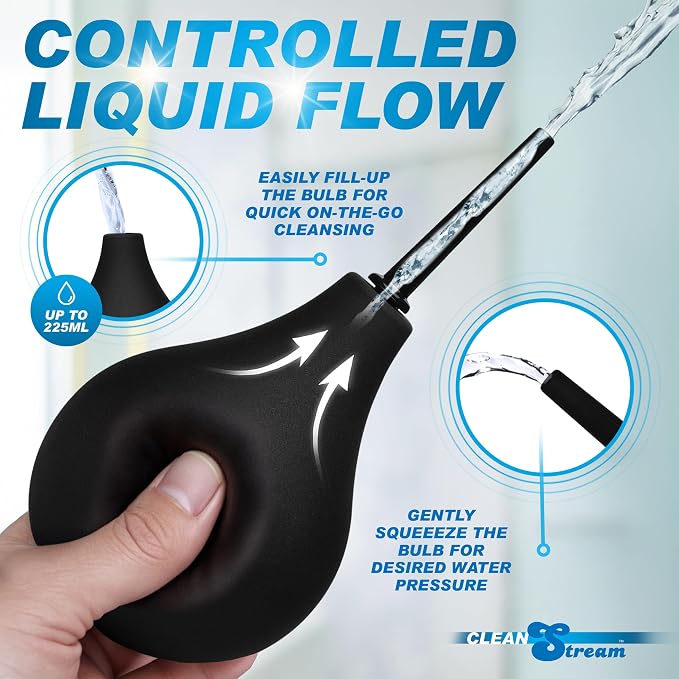 Cleanstream Thin Tip Enema Douche Bulb, Anti Back-Flow, Reusable Enema Vaginal Cleaner Kit for Men Women, 225Ml Bulb, Black