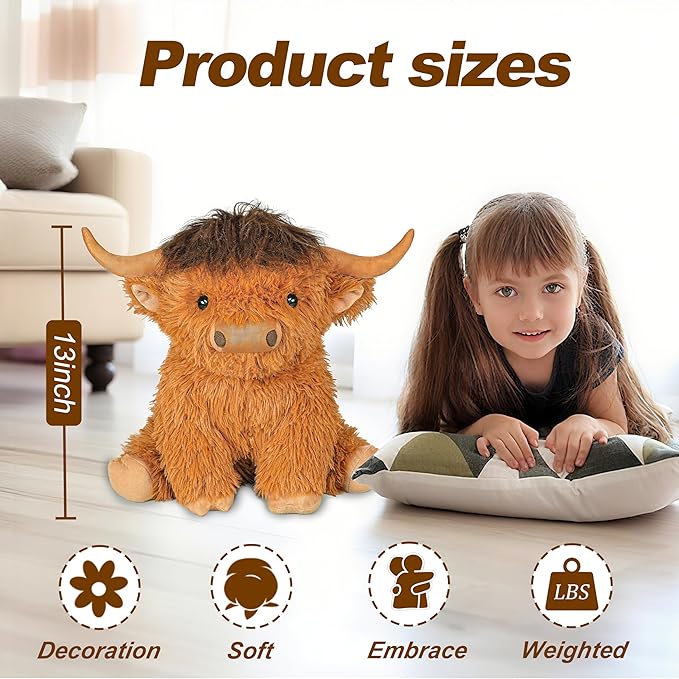 Highland Cow Weighted Stuffed Animals, 4 Lbs Brown Highland Cow Plush 13.7 Inches, Surprise Weighted Stuffed Animals Gift for Kids Birthdays, Halloween, Christmas (Brown)