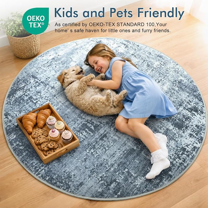 6Ft Round Area Rugs for Living Room, Soft Non-Slip Washable Rugs Modern Abstract Pattern Carpet for Bedroom Indoor Floor Nursery Home Decor (Blue)