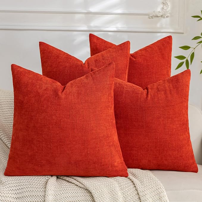 Set of 4 Soft Textured Decorative Throw Pillow Covers 18x18 Inch Cozy Farmhouse Cushion Cover Square Accent Pillow Cases for Bed Couch Sofa Living Room, Red