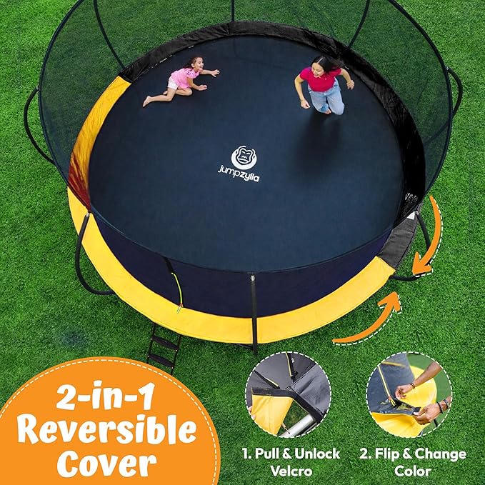 JUMPZYLLA Trampoline Outdoor 8FT 10FT 12FT 14FT 15FT 16FT with Enclosure and Ladder, ASTM Approved Recreational Trampoline for Kids and Adults, Anti-Rust Coated Frame
