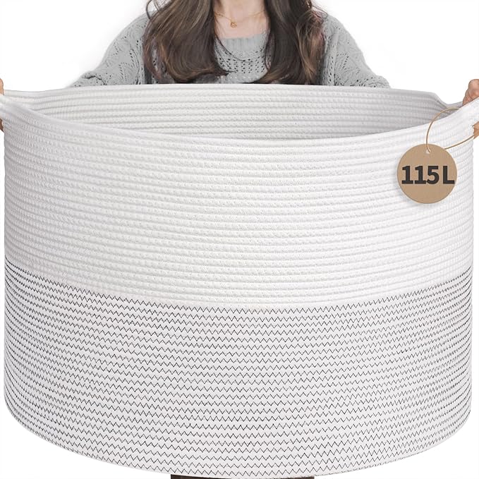 INDRESSME 115L Extra Large Woven Rope Blanket Basket Living Room, White | Storage baskets for organizing toys, laundry & pillows. Fits living room, bedroom or nursery décor. Soft-touch with handles