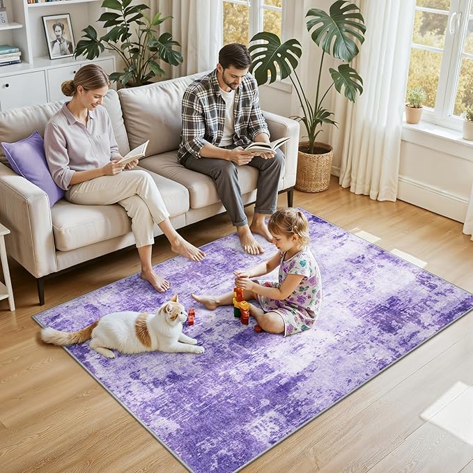RELEANY Washable 4'x6' Abstract Area Rug for Living Room Purple | carpet for bedroom, kitchen, office, hallway and entryway, printed pattern, non-slip, soft, stain-resistant, easy to clean