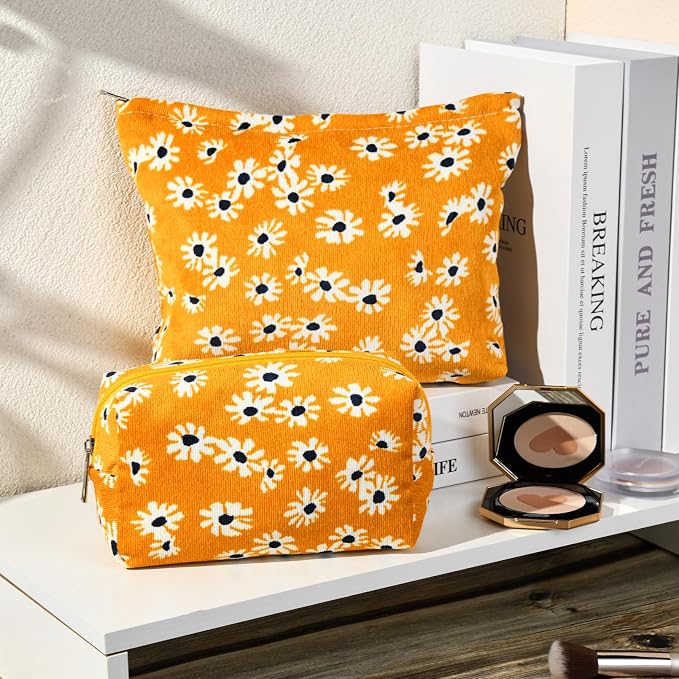 SOIDRAM 2 Pieces Flower Makeup Bag Large Cosmetic Bag Capacity Canvas Mix Travel Toiletry Bag Organizer Cute Makeup Brushes Aesthetic Accessories Storage Bag for Women,Little Flower Mix Yellow