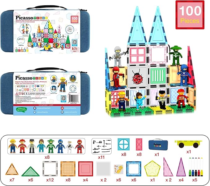 PicassoTiles 100pc Magnet Tile Construction Building Block Set with Carry Case Car Base Magnetic 8pc Characters Whiteboard Markers Idea Book Magnetized Toy Kit Playset Kids STEM Learning Age 3+ PB01
