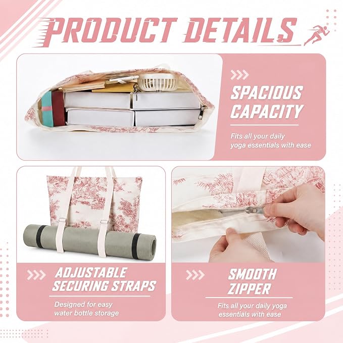 Hsei Pink Floral Yoga Mat Gym Bag Pink Toile Yoga Tote Bag for Women Vintage Boho French Country Large Canvas Tote with Zipper Closure for Pilates Fitness Travel Beach Travel Office Workout Gym Gift