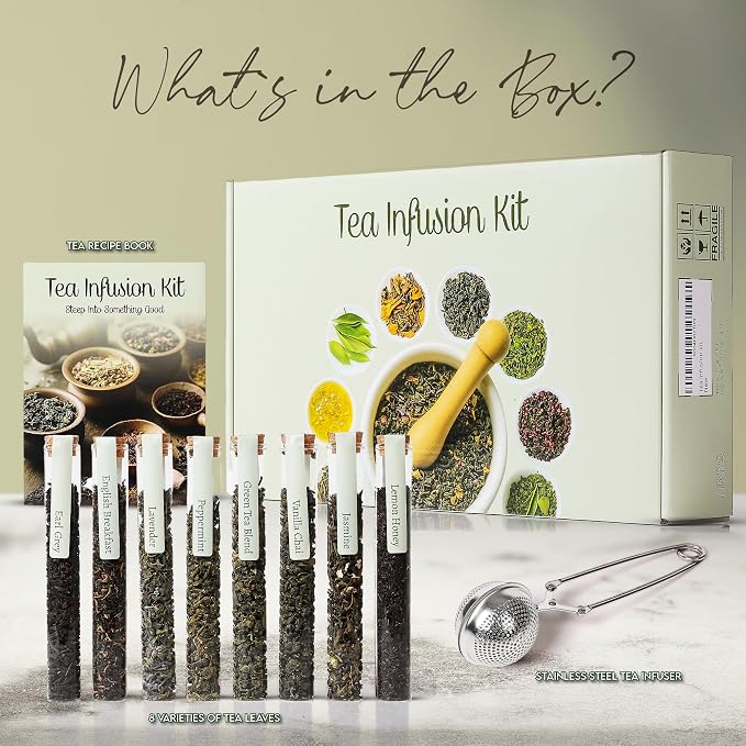 Tea Gift Set – 8 Unique Flavors with Stainless Steel Infuser | Loose Leaf Tea Sampler with Vanilla Chai, Jasmine, Green Tea & More | Tea Gift Sets for Women and Men - Gift For Dad - Pack of 9