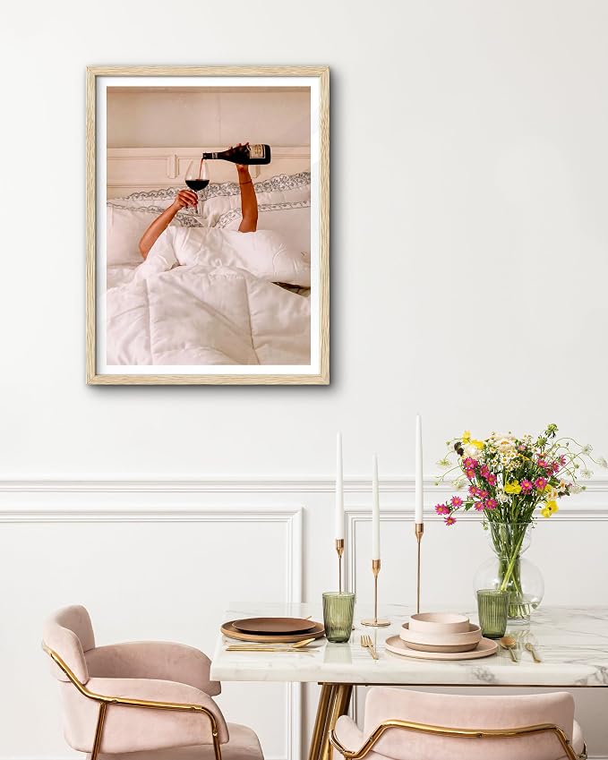 EcoHest 16x20 in Woman Drinking Wine in Bed Framed Wall Art for Bedroom | Solid Oak Wood Frame with Canvas Wall Art, Feminist Wine Wall Decor for Bathroom, Apartment, Dorm, College Room, 1Pack