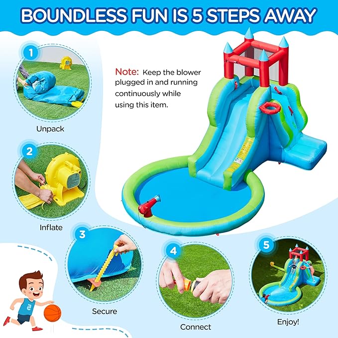 Yaheetech Inflatable Kids Water Slide, 5-in-1 Outdoor Blow Up Slide for Kids Aged 3-8 with Water Cannon, Basketball Hoop, Climbing Wall, Storage Bag & 350W Blower