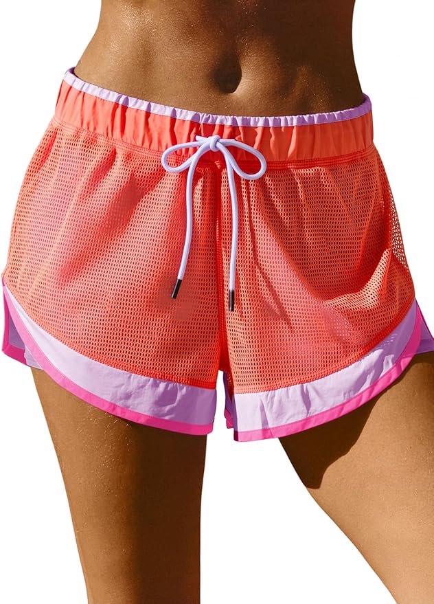 Fisoew Women Athletic Shorts 2 in 1 Running High Split Color Block Workout Yoga Mesh Shorts Pocket Drawstring
