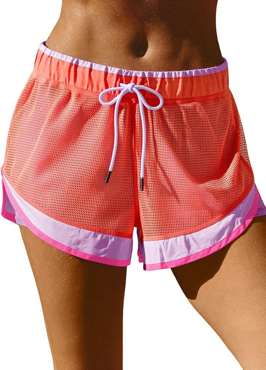 Fisoew Women Athletic Shorts 2 in 1 Running High Split Color Block Workout Yoga Mesh Shorts Pocket Drawstring