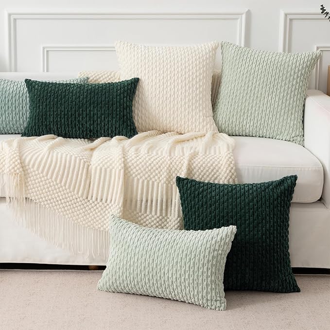 Kevin Textile Soft Corduroy 12"x24" Lumbar Pillow Cover 1 Pack, Army Green | Boho Stripe Plush Corduroy Decorative Oblong Cushion Cover Modern Farmhouse Home Decor for Sofa Couch Bed Chair