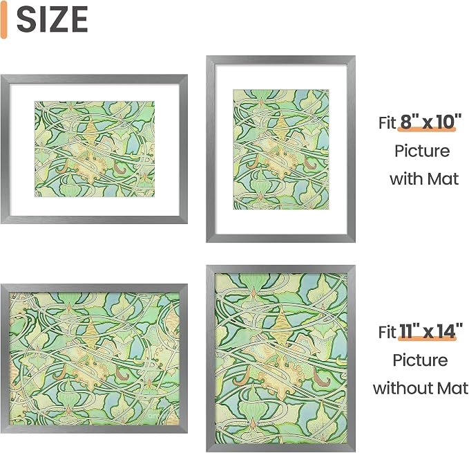 upsimples 11x14 Picture Frame, Display Pictures 8x10 with Mat or 11 x 14 Without, Wall Hanging Photo Frames, Metallic Gray, 1 Pack