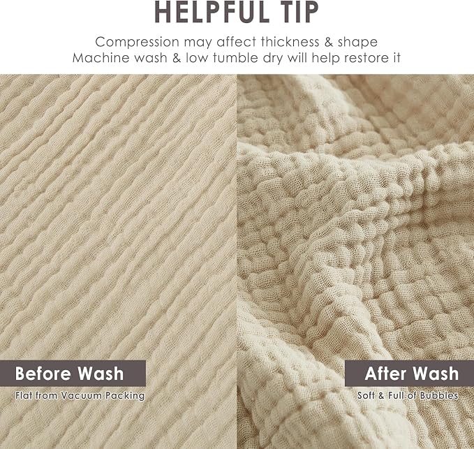 EMME Cotton Blanket Queen Size for Bed Soft Muslin Bed Blankets 90"x90" Beige Lightweight Breathable Bedspread Coverlet All Season Gauze