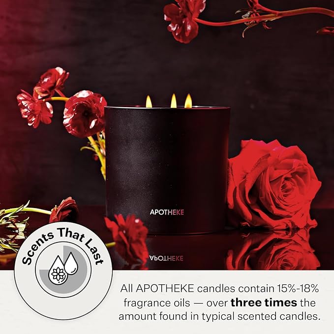 Apotheke 3-Wick Scented Candles for Home, Charcoal Rouge - 26 oz Soy Wax Jar Candle Gift for Women - Long-Lasting Fragrance with Perfume-Grade Essential Oils - Birch Wood, Elemi, Damask Rose & Smoke