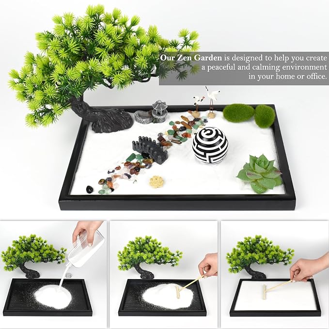 Artcome Japanese Zen Sand Garden for Desk - Home, Office Desk Accessories - Crafted Meditation Therapy Rectangle Tray - Mindful Relaxation Tool for Stress Relief
