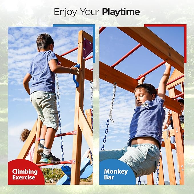 Dolphin Playground Cedar Wooden Swing Sets for Backyard, Outdoor Playset for Kids with Monkey Bar, 2 in 1 Outdoor Table, Wave Slide, Climbing Wall, and 2 Belt Swings, Playground Sets for Backyards