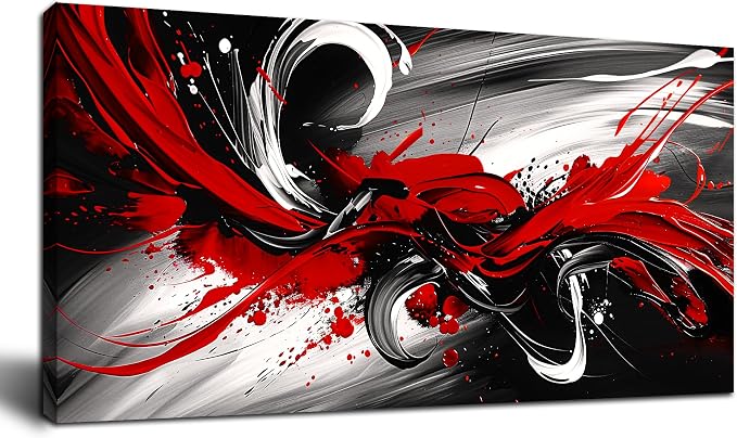 Black and White Red Large Canvas Wall Art for Living Room Framed Print Picture Painting Bedroom Office Wall Decor Modern Room Abstract Wall Decorations Artwork Size 20x40 Ready to Hang