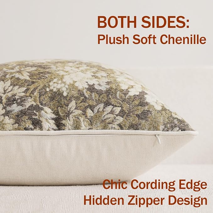 Pack of 2 Vintage Floral Euro Sham Covers 26x26 Boho Farmhouse Accents Chenille Square Decorative Throw Pillow Cases for Living Room Couch Bed Home Decor, Beige