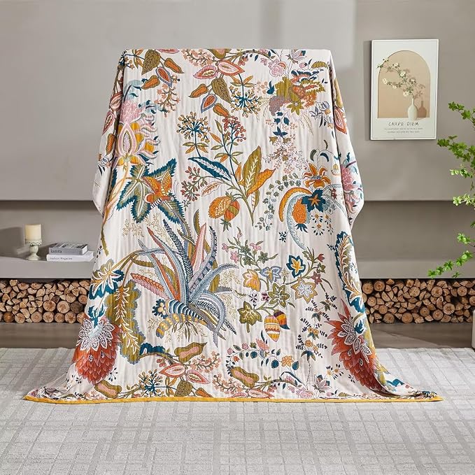 Boho Throw Blanket Farmhouse Decor Throw Blanket Bohemian Blanket for Bed 100% Cotton Muslin Woven Couch Blanket All Seasons Quilt Bedroom (J-Beige, 90"x98")